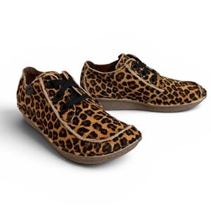 Clarks Funny Dream Leopard Print Calf Hair Moccasin Shoes Womens 9.5 Brown Black